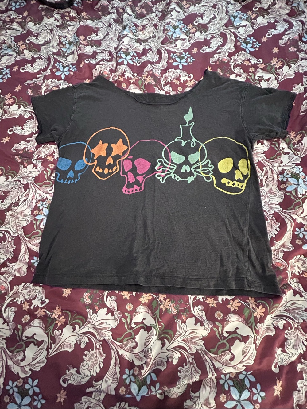 Forever 21 Black Short-Sleeve Tee with Rainbow Skull Row